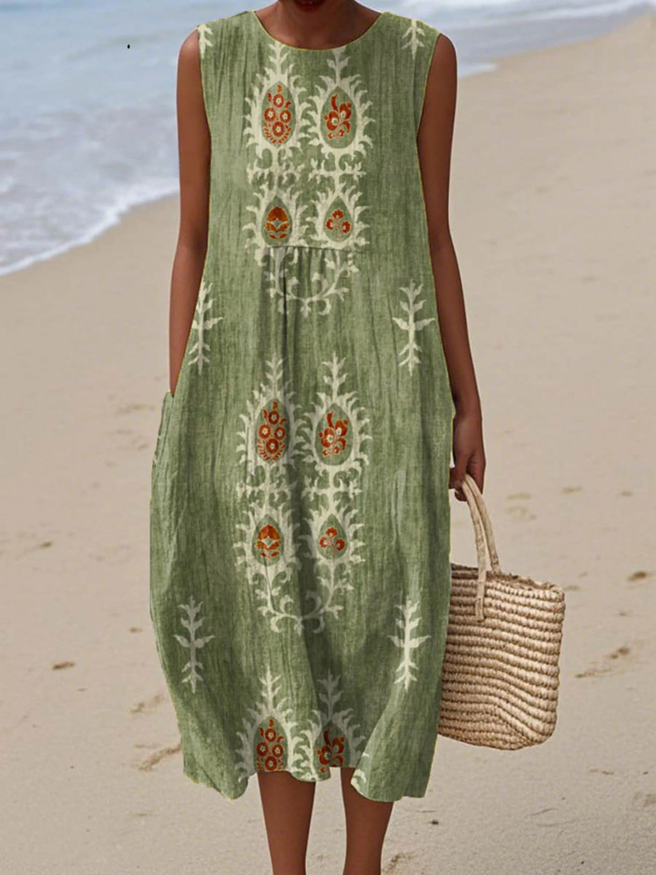 Women's Vintage Ethnic Pattern Art Print Sleeveless Pocket Wrap Dress