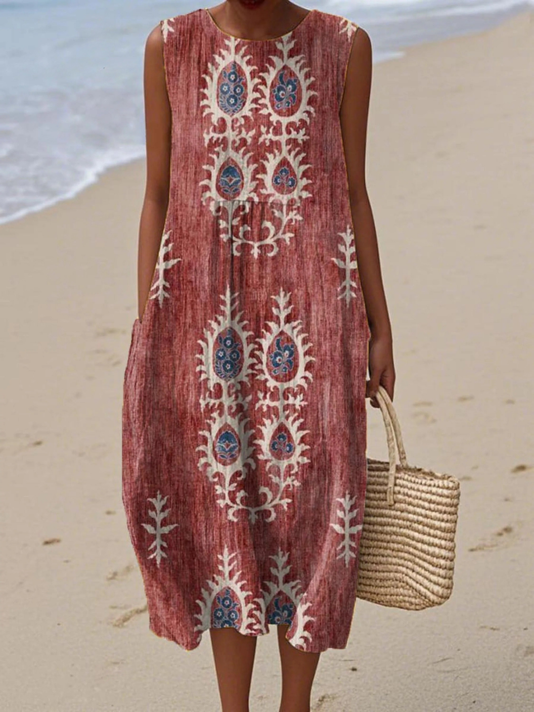 Women's Vintage Ethnic Pattern Art Print Sleeveless Pocket Wrap Dress