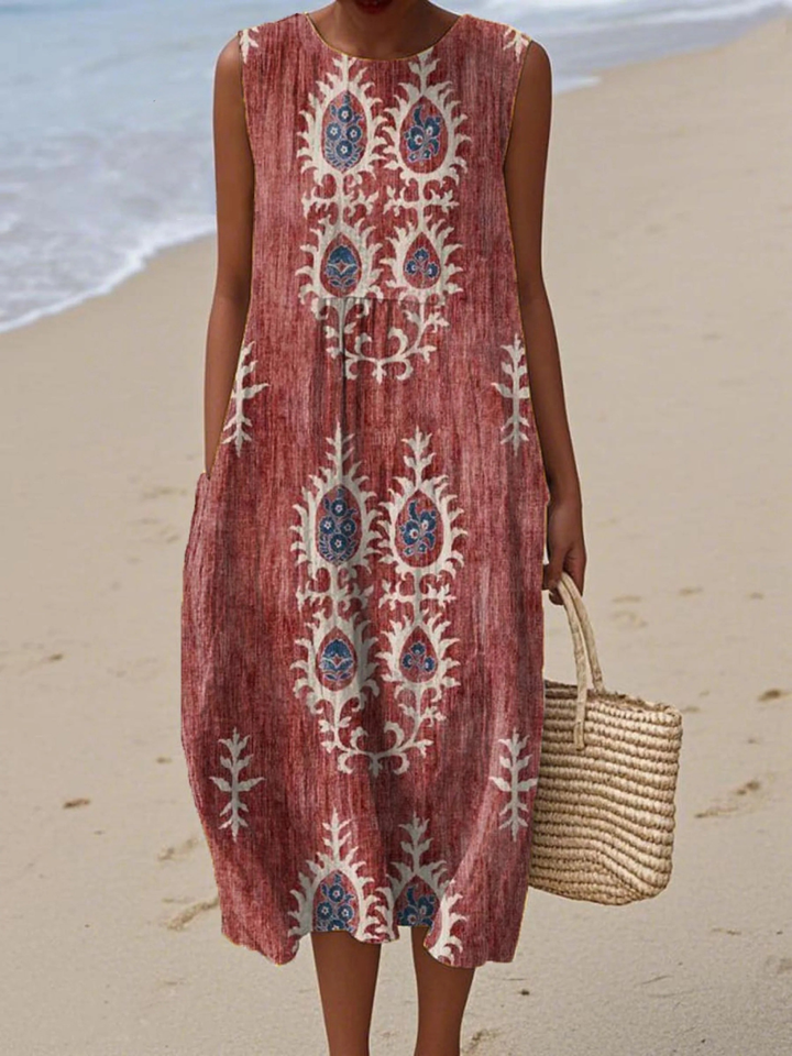 Women's Vintage Ethnic Pattern Art Print Sleeveless Pocket Wrap Dress