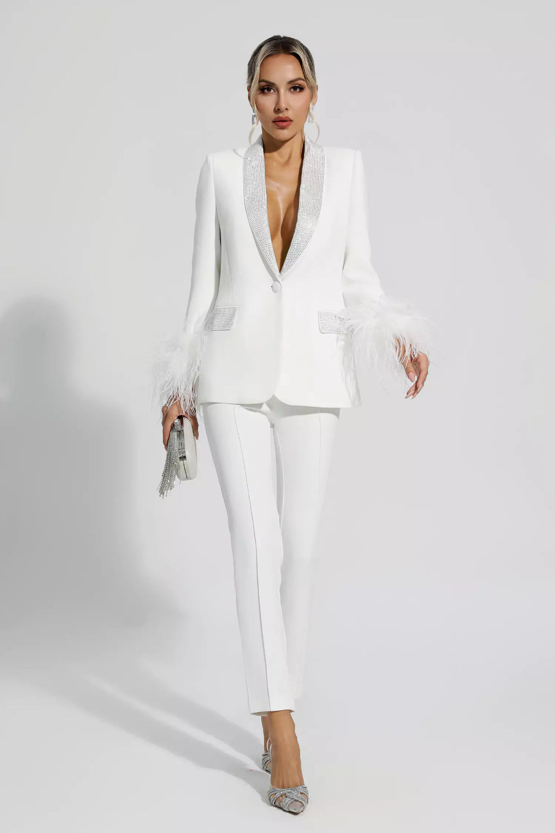 Feather-Accented Blazer Set Adorned with Diamonds