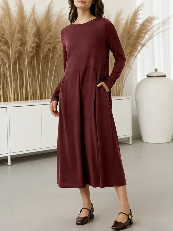 Women's Solid Color Round Neck Long Sleeve Casual Loose Knit Cotton  Dress