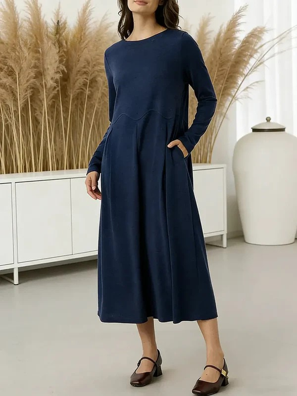 Women's Solid Color Round Neck Long Sleeve Casual Loose Knit Cotton  Dress