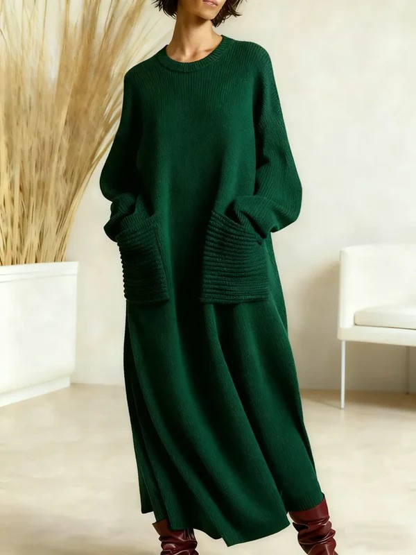 Women's Solid Color Round Neck Long Sleeve Casual Pocket Loose Knit Cotton  Dress