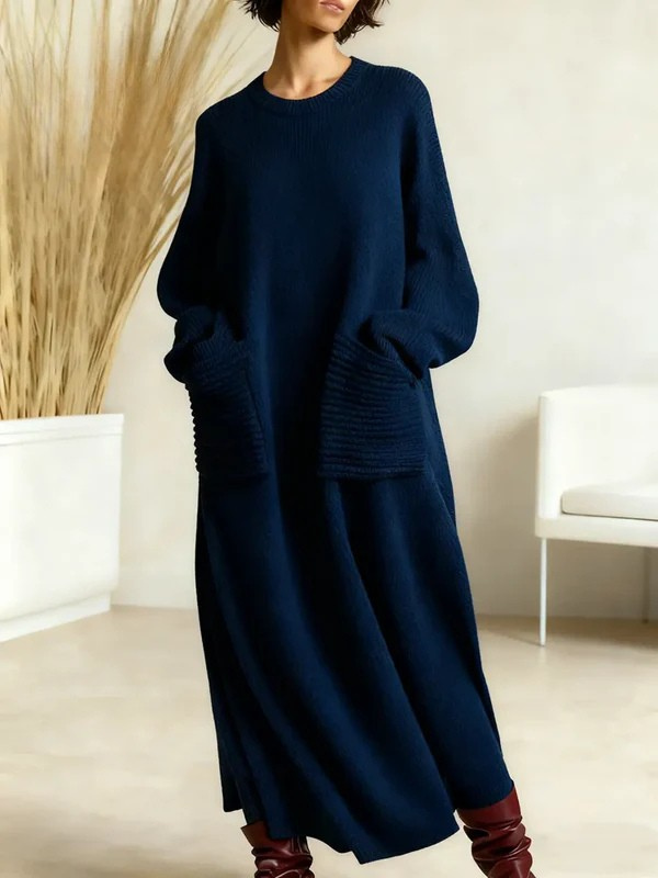 Women's Solid Color Round Neck Long Sleeve Casual Pocket Loose Knit Cotton  Dress