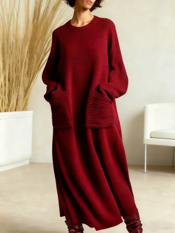 Women's Solid Color Round Neck Long Sleeve Casual Pocket Loose Knit Cotton  Dress