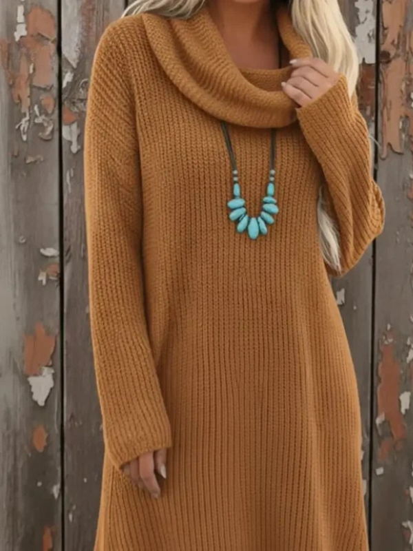 Cozy Cowl Neck Loose A-line Knit Cotton  Dress