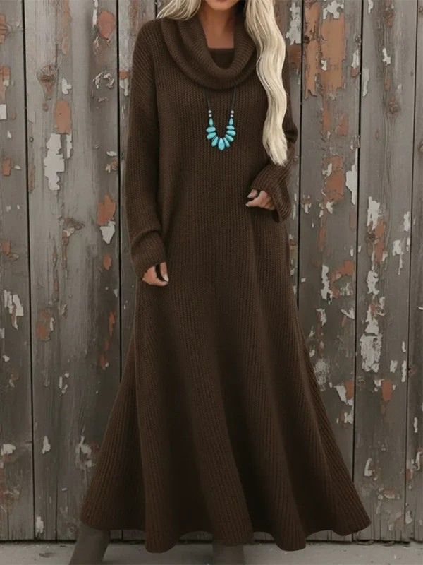 Cozy Cowl Neck Loose A-line Knit Cotton  Dress
