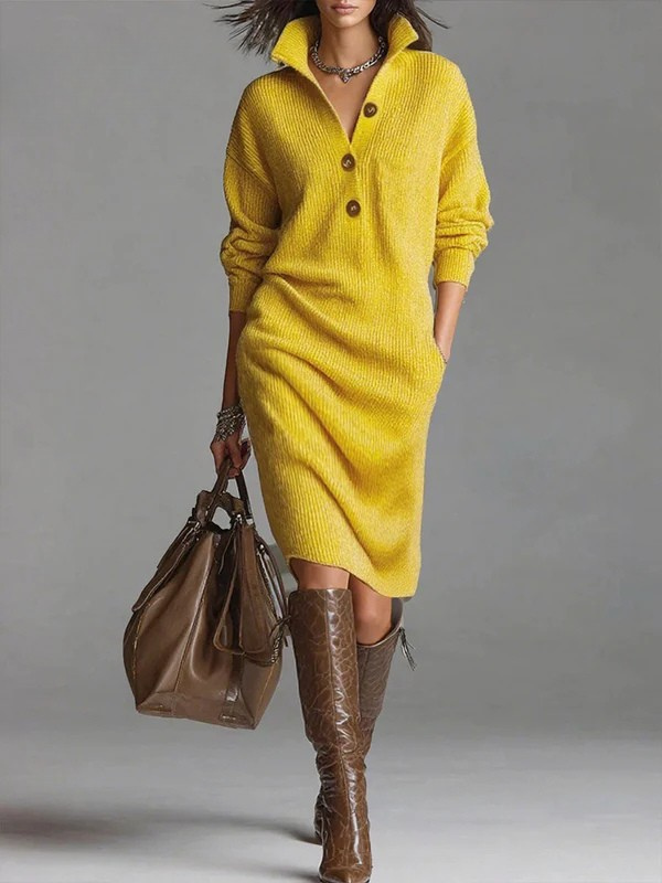 Women's Solid Color Stand Collar Long Sleeve Casual Loose Knitted Cotton  Dress