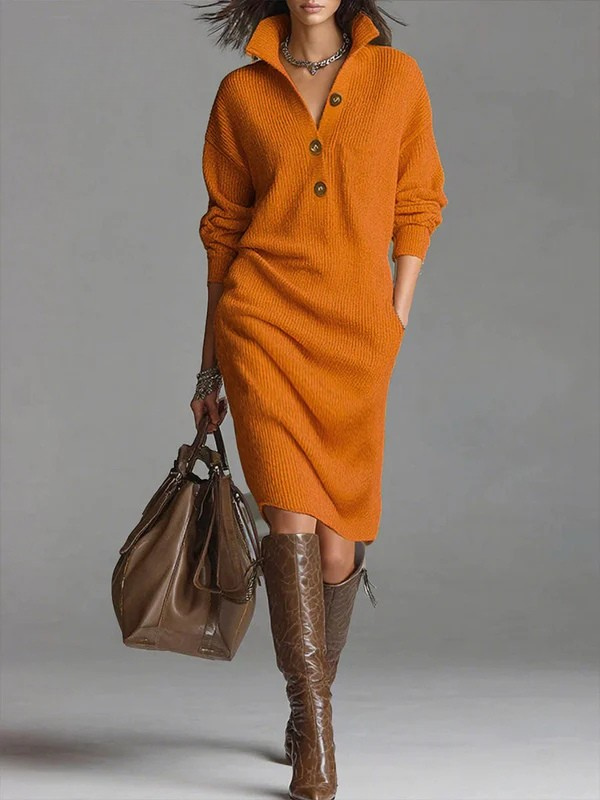 Women's Solid Color Stand Collar Long Sleeve Casual Loose Knitted Cotton  Dress