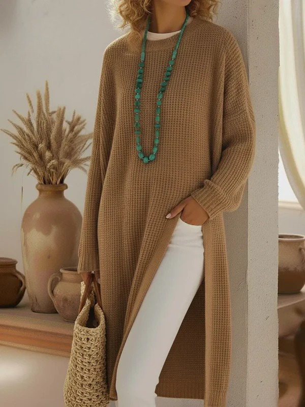 Elegant Cozy Slit Loose Knit Cotton  Dress